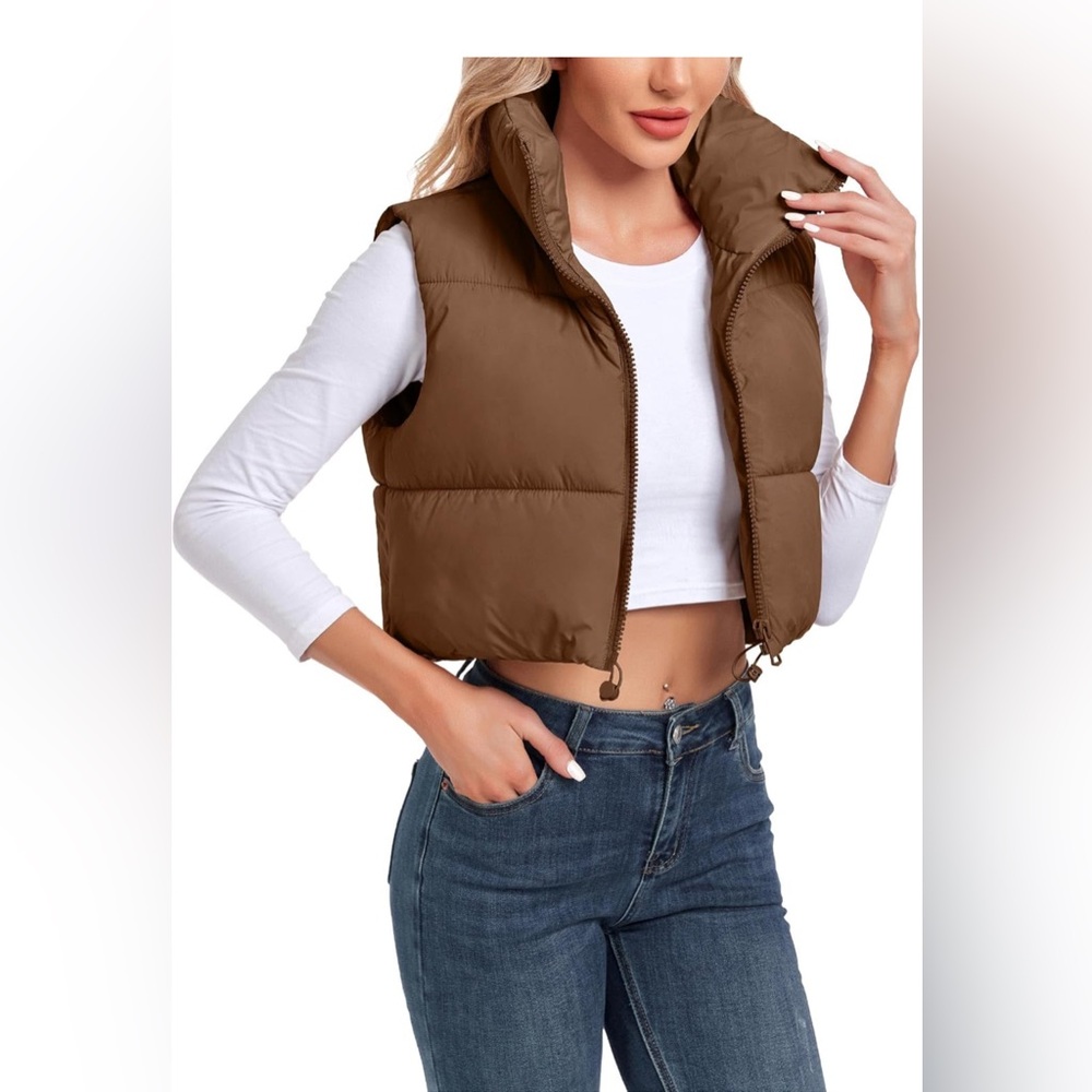 Women's Cropped Sleeveless High Stand Collar Zip Up Warm Padded vest M NIP - Picture 3 of 9